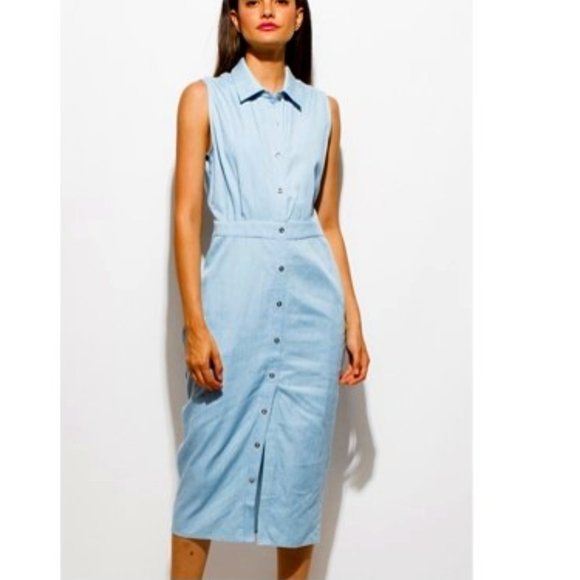 Chambray Sleeveless Denim Midi Dress - Picture 2 of 6